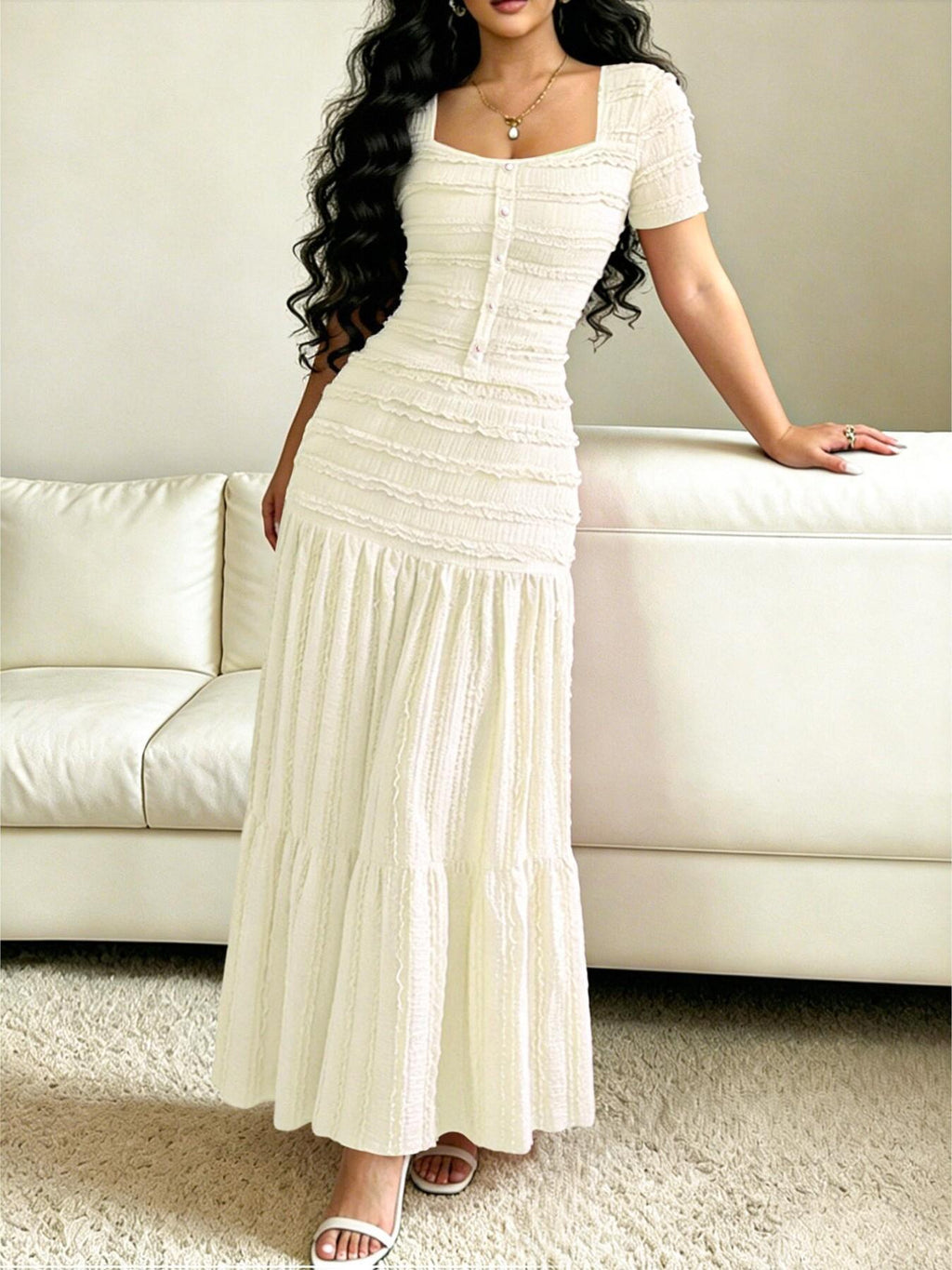 👗 LIMITED-TIME 49% OFF! ✨ Women's Square Neck Dress Set – Crinkled Fabric, Tiered Skirt, Elegant 🍷