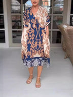 Printed V Neck Loose Midi Dress