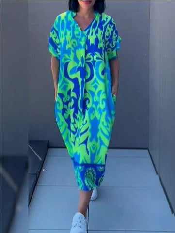 Printed V Neck Loose Midi Dress