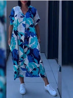 Printed V Neck Loose Midi Dress