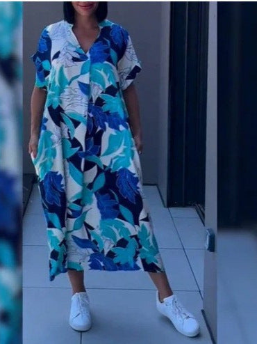 Printed V Neck Loose Midi Dress
