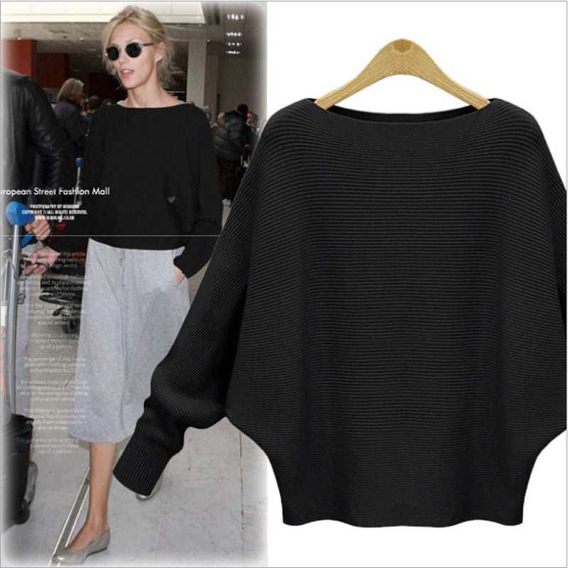 Women's Boat Neck Bat Sleeve Knitted Sweater