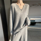 Pure Wool V-Neck Top & Wide-Leg Pants Set