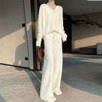 Pure Wool V-Neck Top & Wide-Leg Pants Set