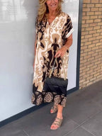Printed V Neck Loose Midi Dress
