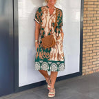 Printed V Neck Loose Midi Dress