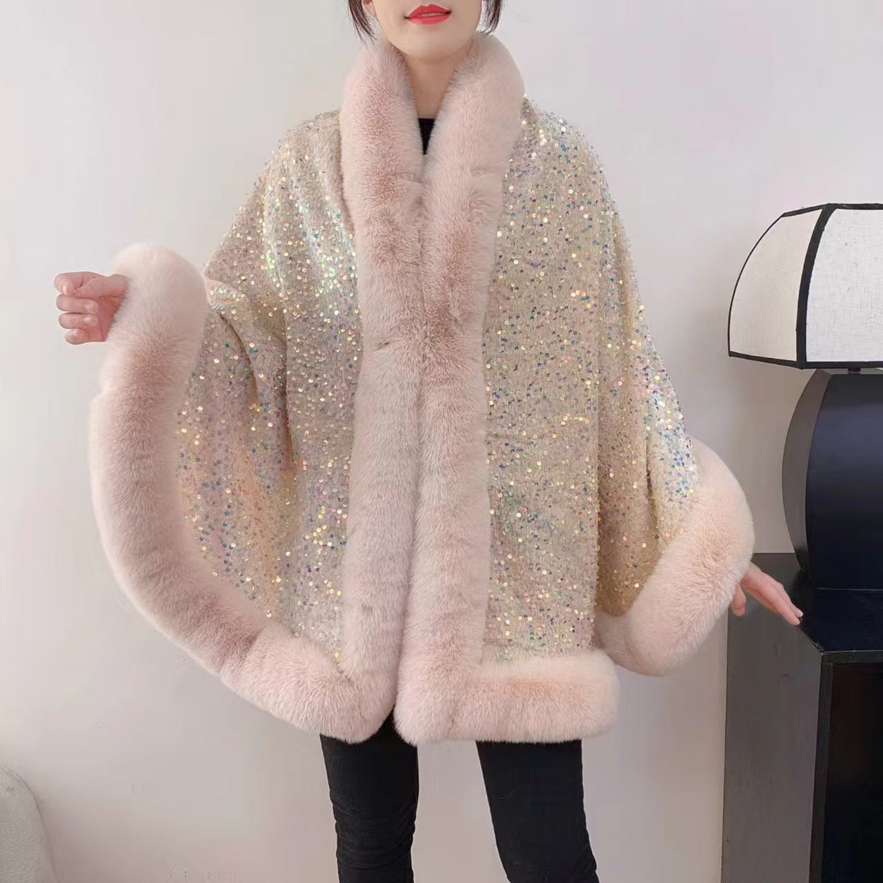 Elegant Faux Fur Sequin Shawl for Women - New Arrival