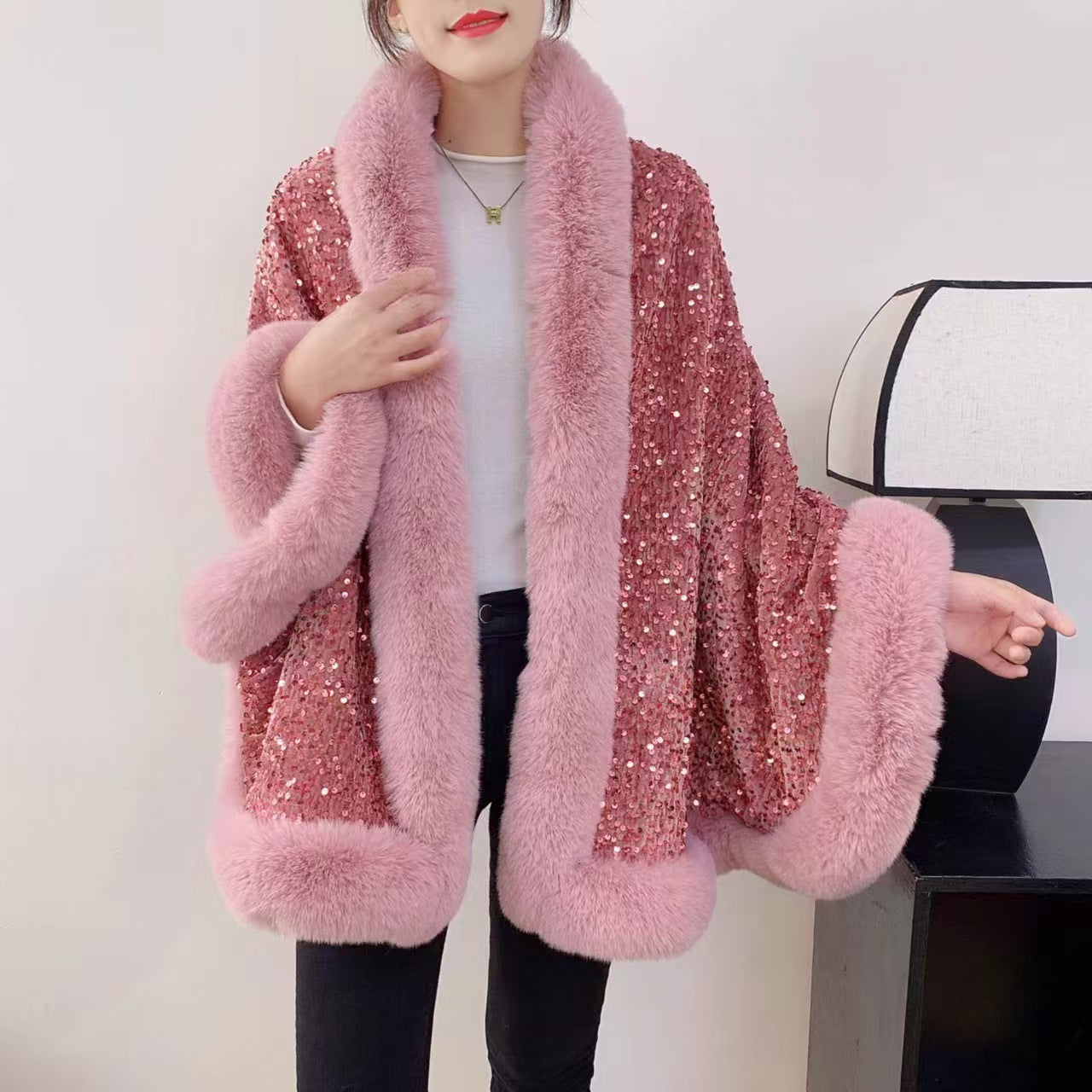 Elegant Faux Fur Sequin Shawl for Women - New Arrival