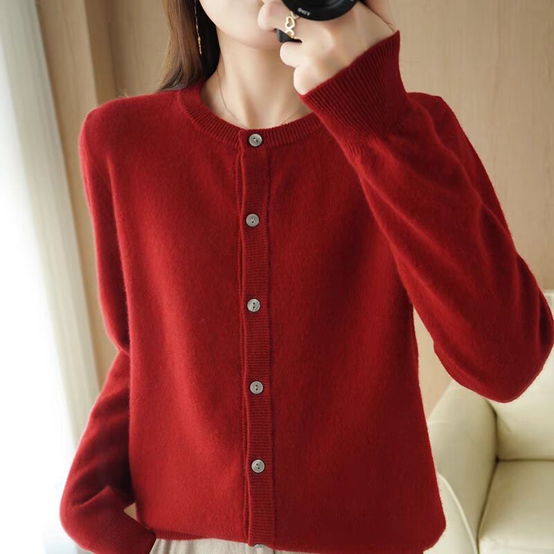 Women's 100% Wool Cardigan – Round Neck, Cozy & Stylish