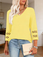 2025 New Womens 3/4 Length Sleeve Tops Trendy V Neck T Shirts