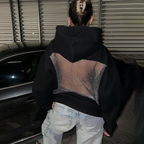 New Fall Casual Hoodie, Unisex Oversized Cutout Sweatshirt, Open Back Design, Streetwear Mesh Back Pullover