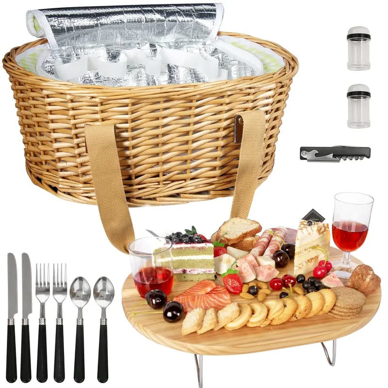 Hap tim insulated wicker picnic basket with foldable wine table and tableware service set, seats 4, perfect for couple gifts, wedding gifts, Valentine's Day gifts
