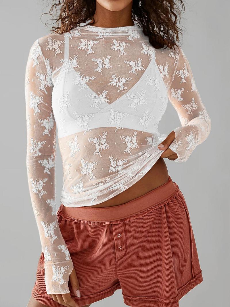 Women's Floral Lace Thumb Hole Sheer Tee - Buy 1 Get 1 Free！！！