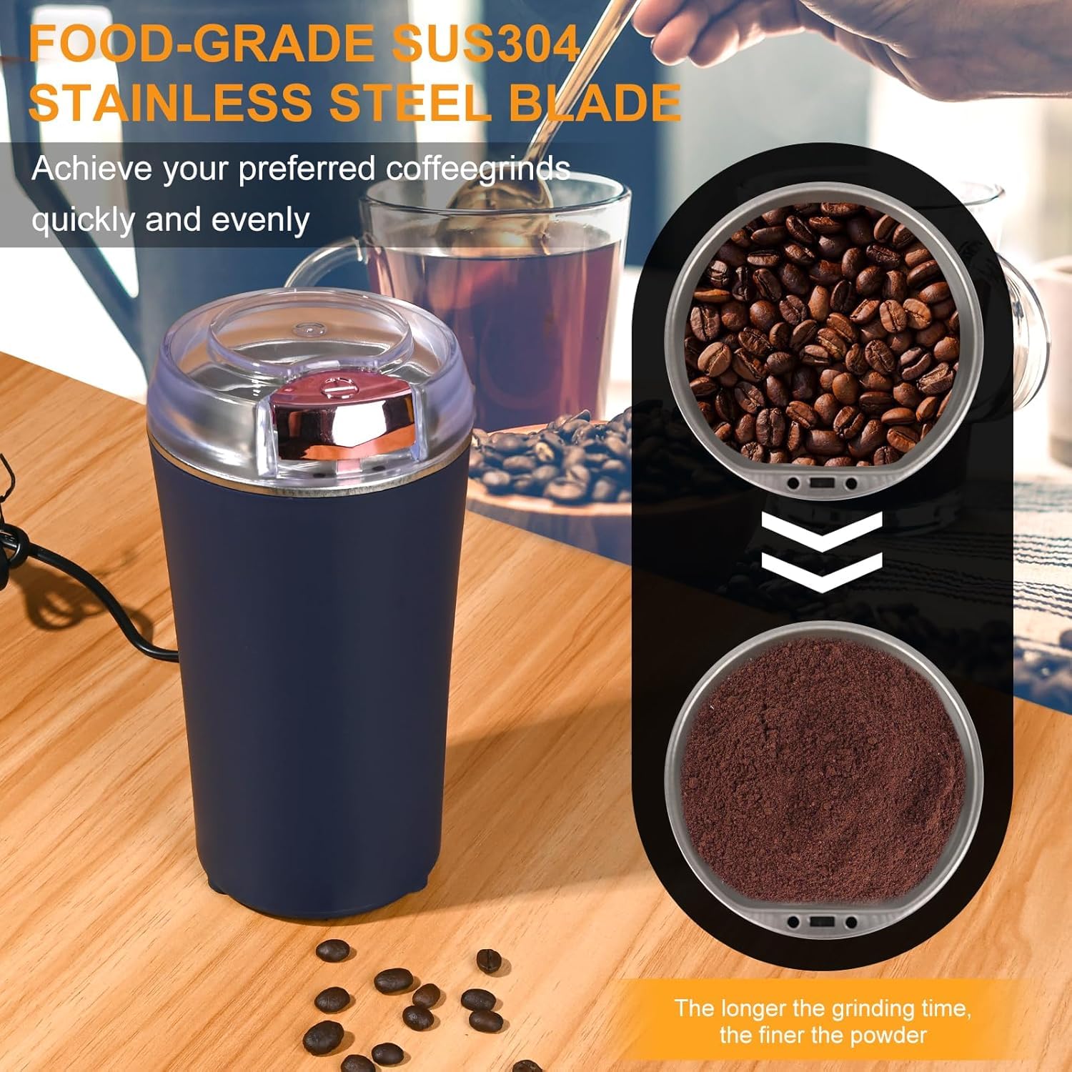Electric Coffee & Spice Grinder – Stainless Steel, Overheat Protection