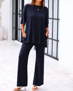 Casual 2-Piece Loose-Fit Short Sleeve Top & Wide-Leg Pants Set with Pockets