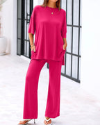 Casual 2-Piece Loose-Fit Short Sleeve Top & Wide-Leg Pants Set with Pockets
