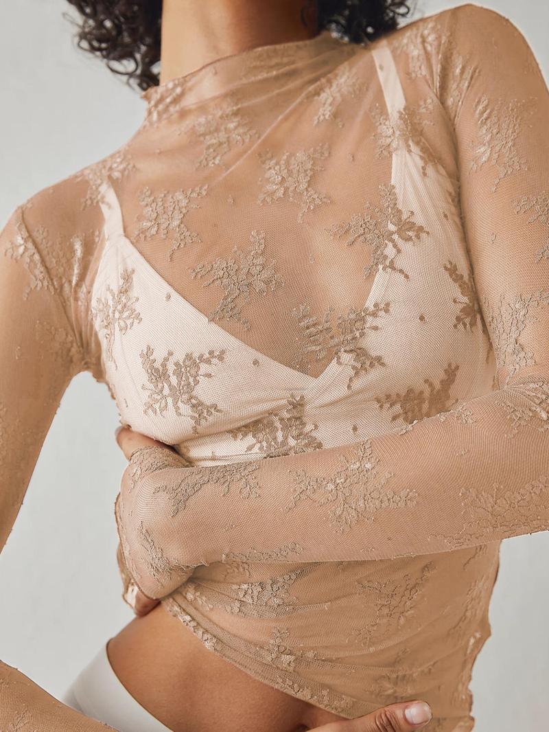 Women's Floral Lace Thumb Hole Sheer Tee - Buy 1 Get 1 Free！！！