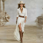 Fashion Lapel Single-breasted Waist Shirt-style Maxi Dress