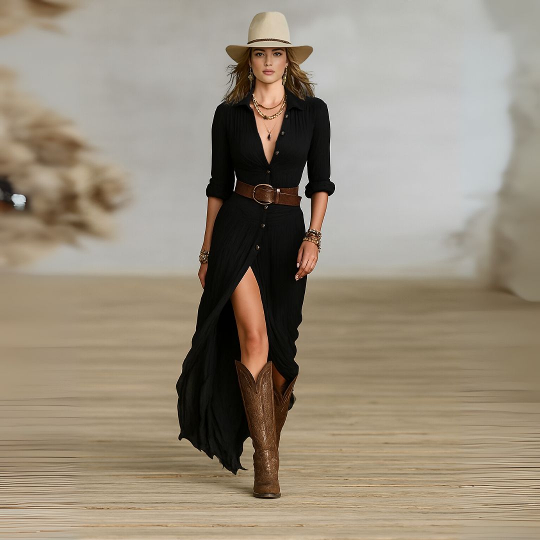 Fashion Lapel Single-breasted Waist Shirt-style Maxi Dress