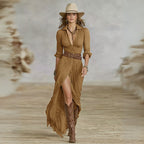 Fashion Lapel Single-breasted Waist Shirt-style Maxi Dress