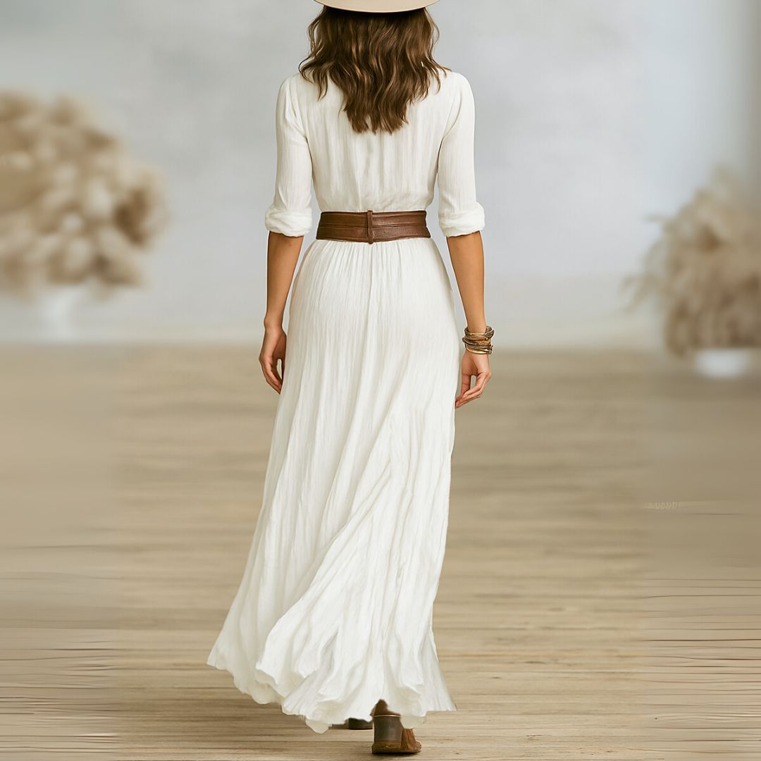 Fashion Lapel Single-breasted Waist Shirt-style Maxi Dress