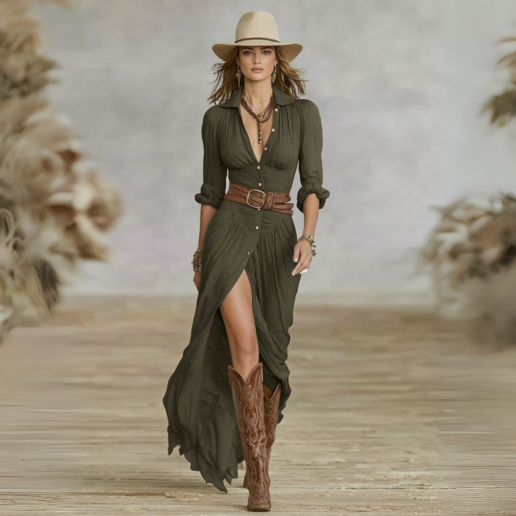 Fashion Lapel Single-breasted Waist Shirt-style Maxi Dress