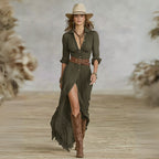 Fashion Lapel Single-breasted Waist Shirt-style Maxi Dress