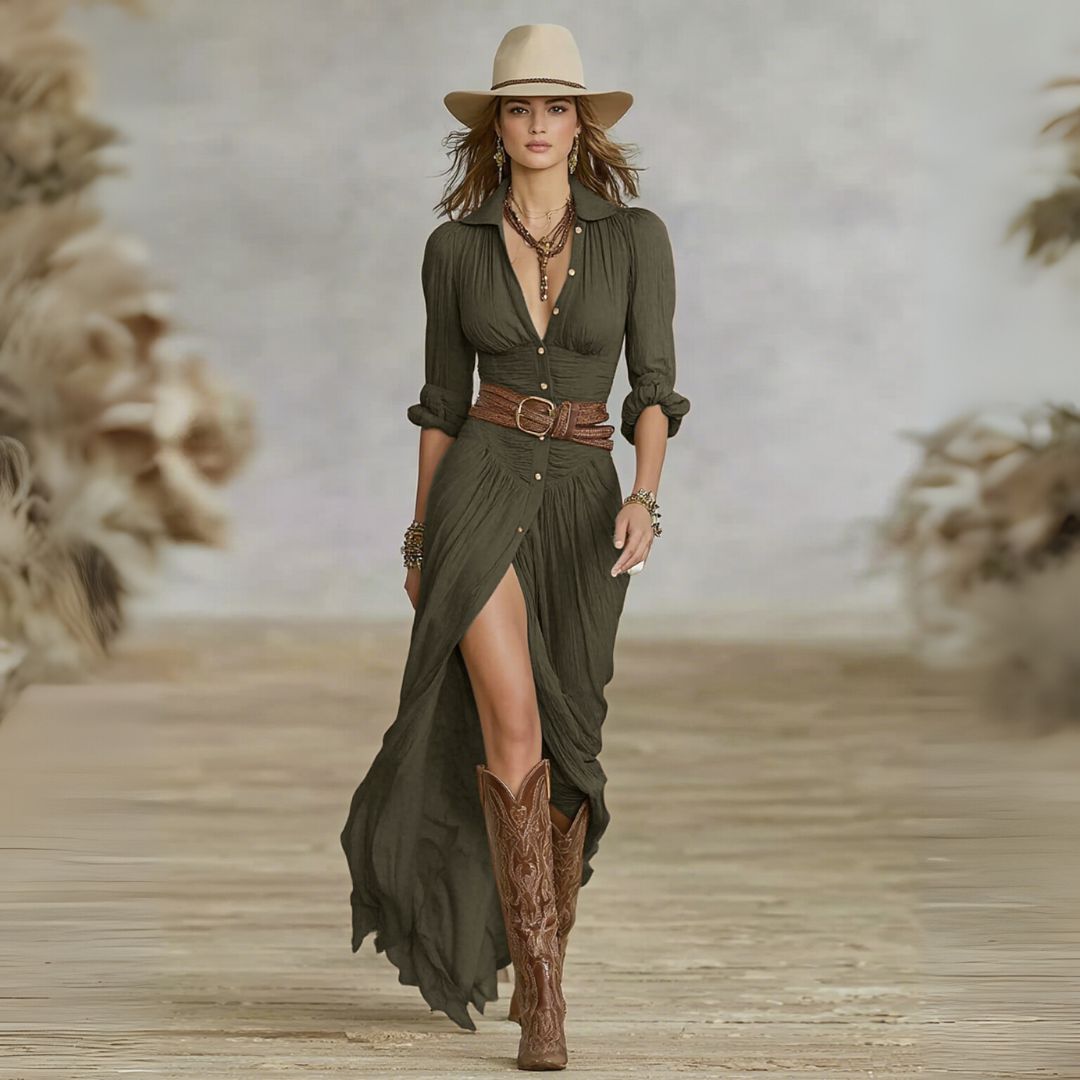 Fashion Lapel Single-breasted Waist Shirt-style Maxi Dress