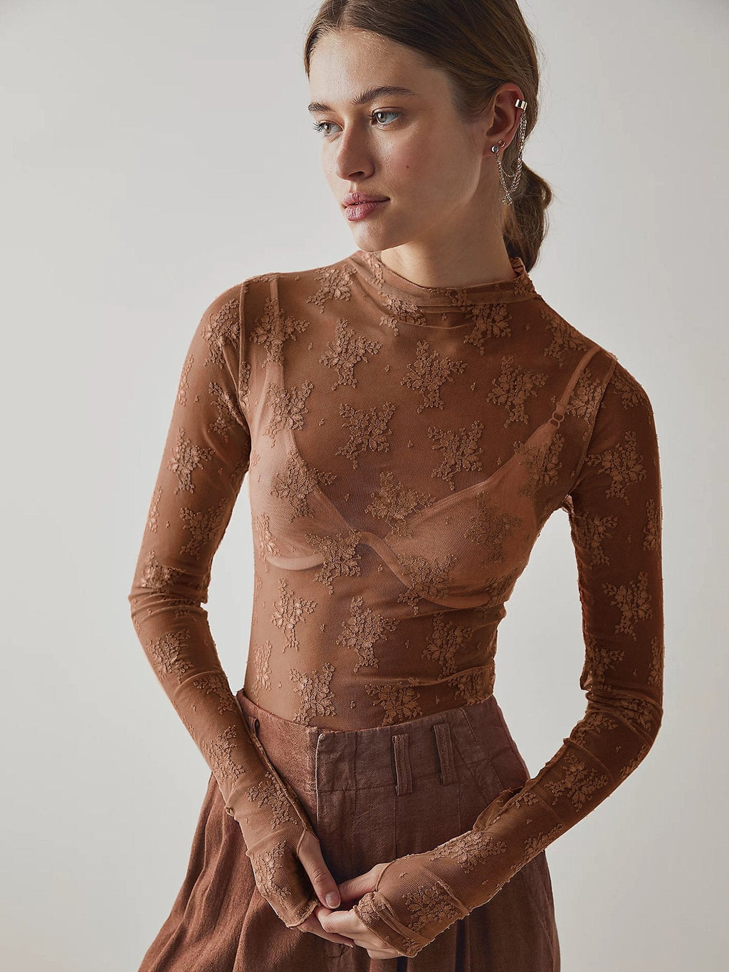 Women's Floral Lace Thumb Hole Sheer Tee - Buy 1 Get 1 Free！！！