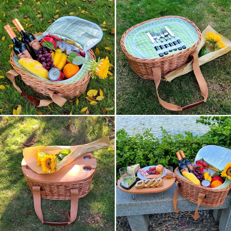 Hap tim insulated wicker picnic basket with foldable wine table and tableware service set, seats 4, perfect for couple gifts, wedding gifts, Valentine's Day gifts