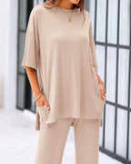 Casual 2-Piece Loose-Fit Short Sleeve Top & Wide-Leg Pants Set with Pockets