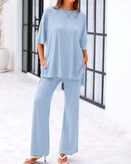 Casual 2-Piece Loose-Fit Short Sleeve Top & Wide-Leg Pants Set with Pockets