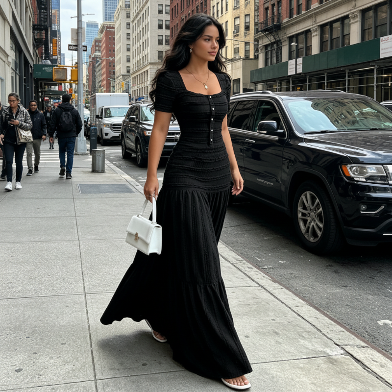 👗 LIMITED-TIME 49% OFF! ✨ Women's Square Neck Dress Set – Crinkled Fabric, Tiered Skirt, Elegant 🍷
