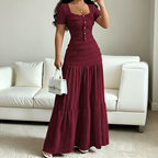 👗 LIMITED-TIME 49% OFF! ✨ Women's Square Neck Dress Set – Crinkled Fabric, Tiered Skirt, Elegant 🍷
