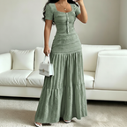 👗 LIMITED-TIME 49% OFF! ✨ Women's Square Neck Dress Set – Crinkled Fabric, Tiered Skirt, Elegant 🍷