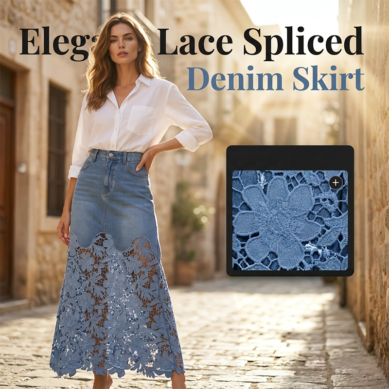 Women's denim bodycon skirt with lace trim