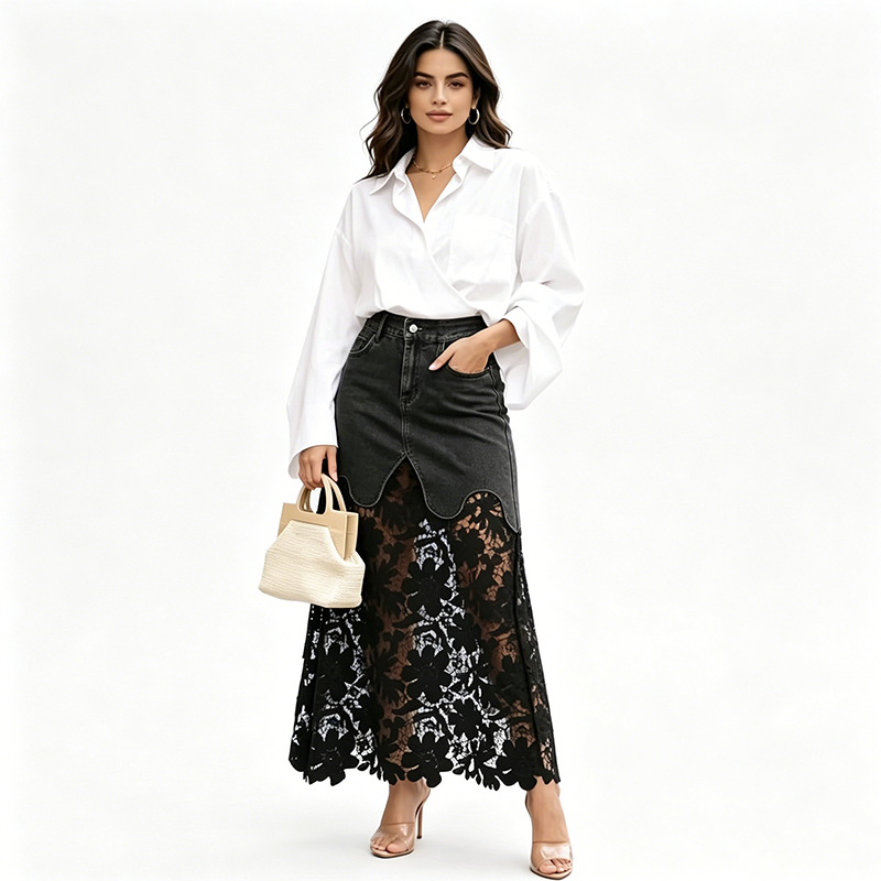 Women's denim bodycon skirt with lace trim