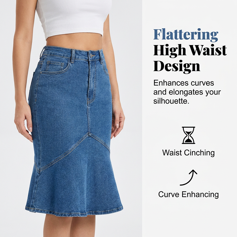 Flared-hem midi denim skirt