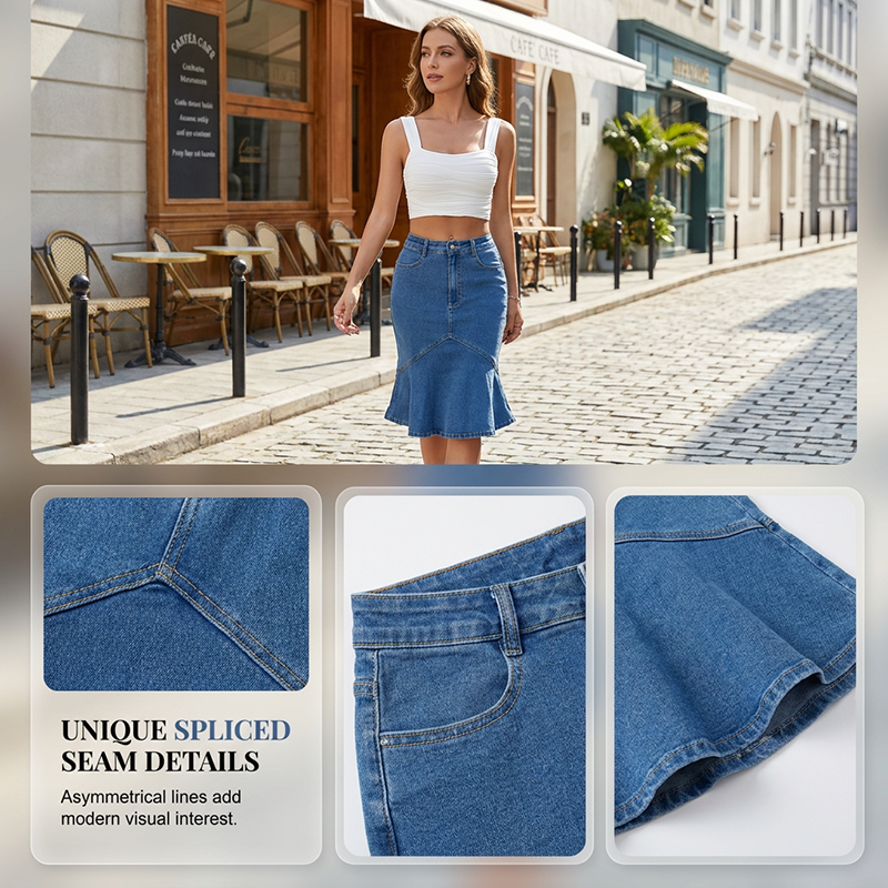 Flared-hem midi denim skirt