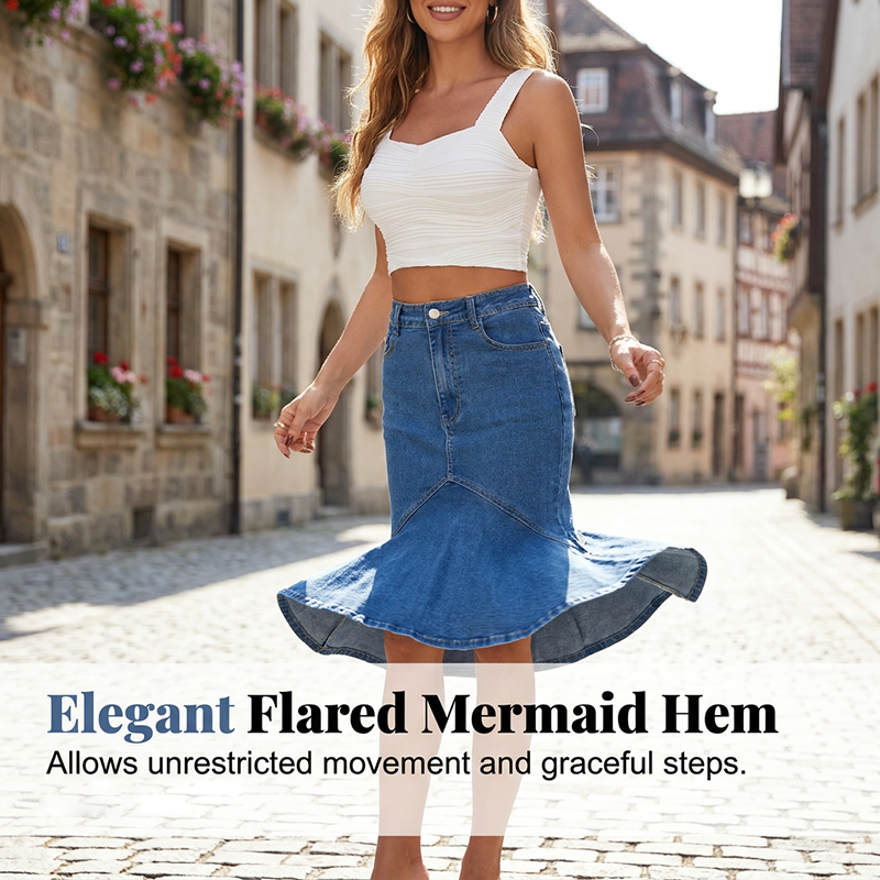 Flared-hem midi denim skirt