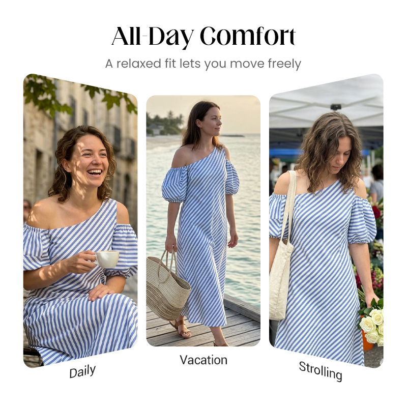 👗 LIMITED-TIME 49% OFF! ✨ Women's Striped Off Shoulder Dress – Elegant, Flowy, Summer Chic 🌊