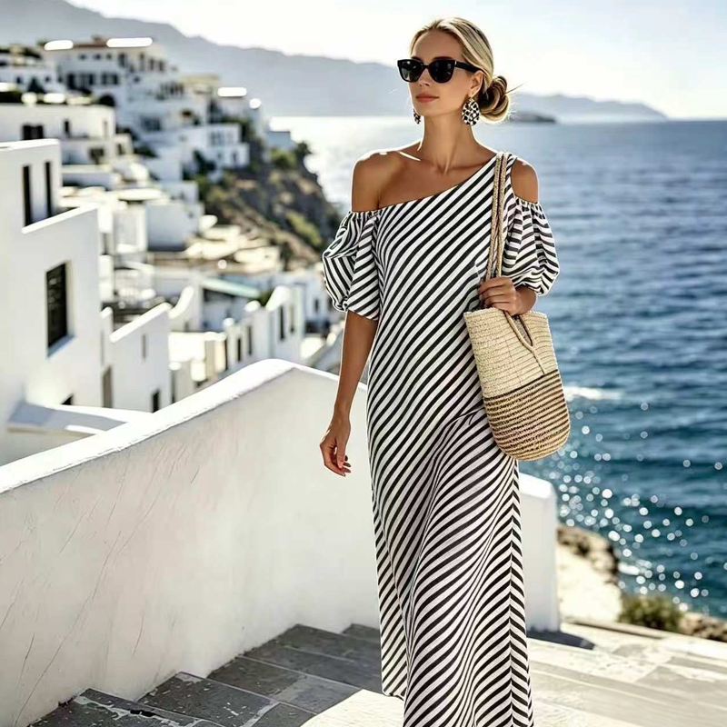 👗 LIMITED-TIME 49% OFF! ✨ Women's Striped Off Shoulder Dress – Elegant, Flowy, Summer Chic 🌊